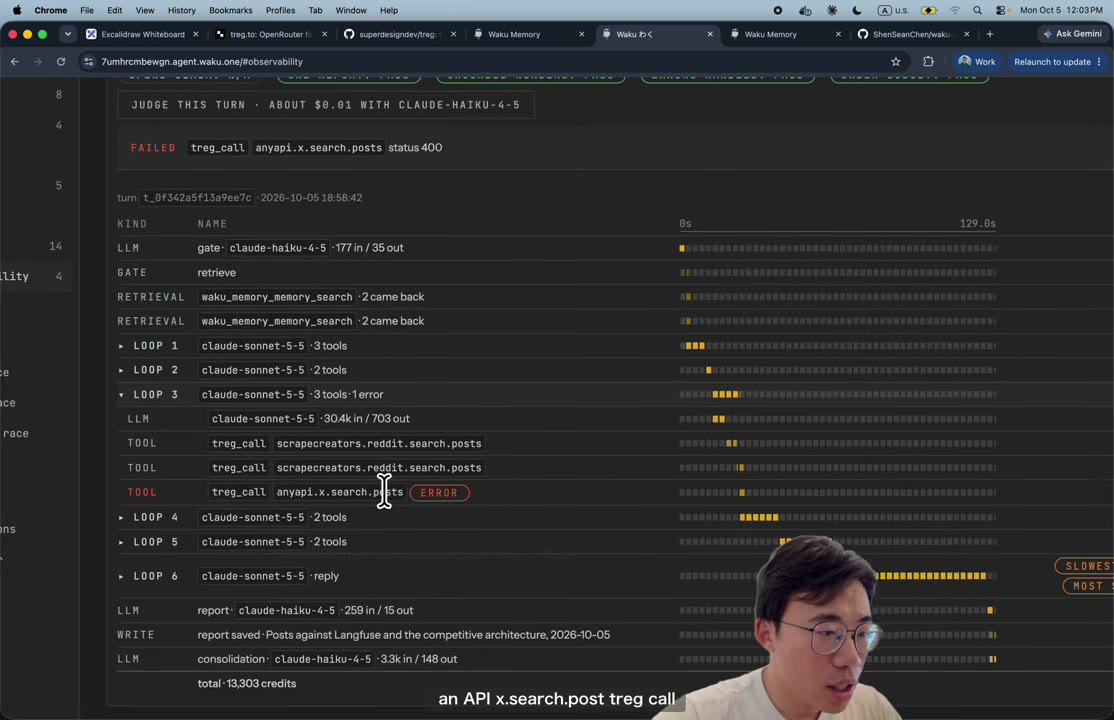 Во втором запуске anyapi.x.search.posts вернул status 400. Ошибка видна внутри третьего цикла; шестой цикл с финальным ответом отмечен как самый медленный.